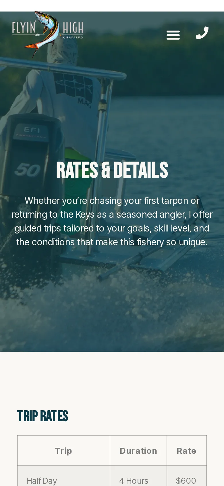 Flyin' High Charters booking page on a phone: trip and date picked in a few taps.