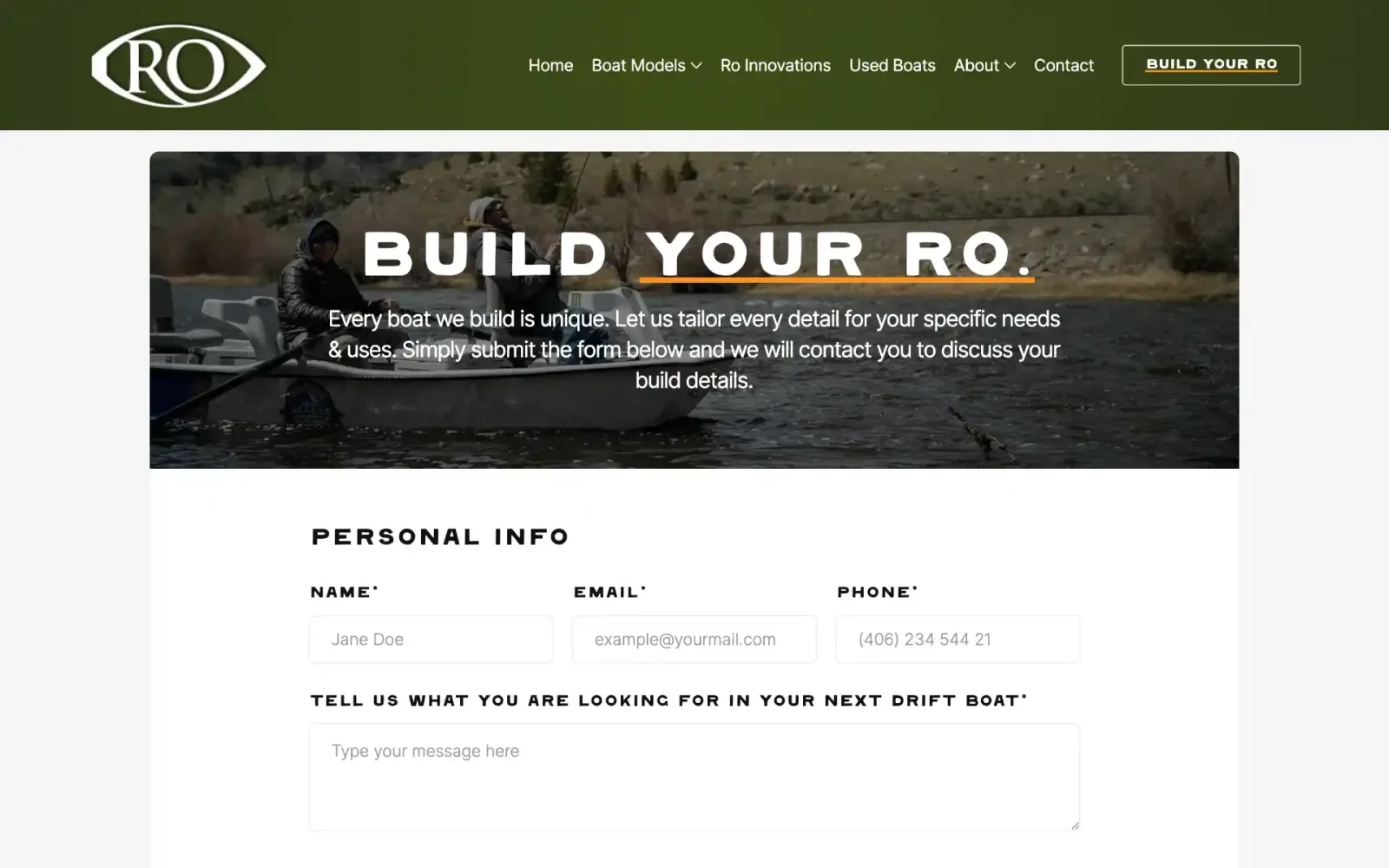 RO Drift Boats build your boat form: buyers pick model and options step by step and submit a configuration the shop can quote.