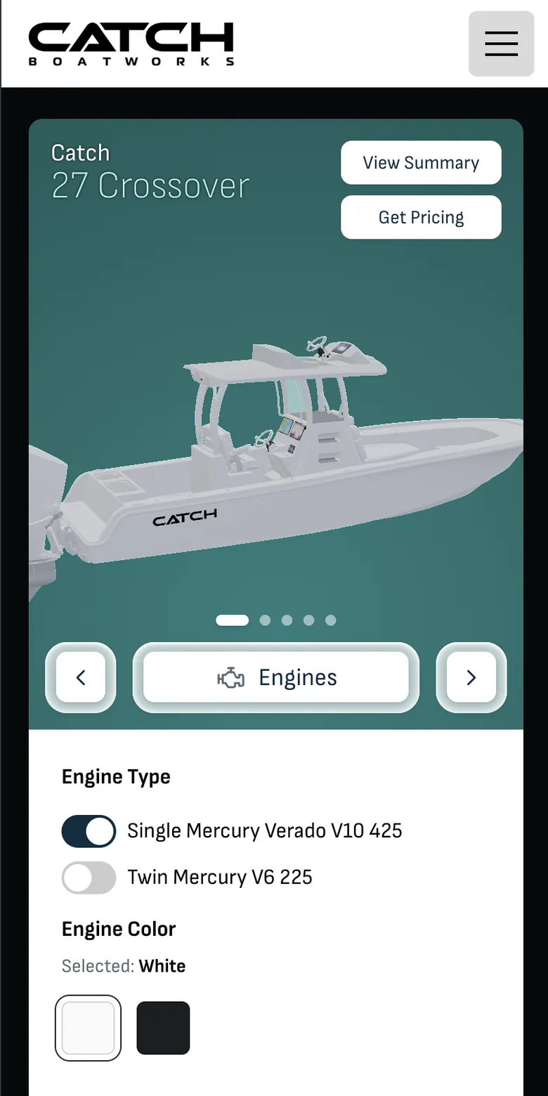 Catch Boatworks 3D boat configurator on a phone, a site we built