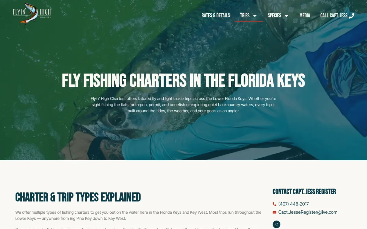 Flyin' High Charters trips page, a guide site we built.