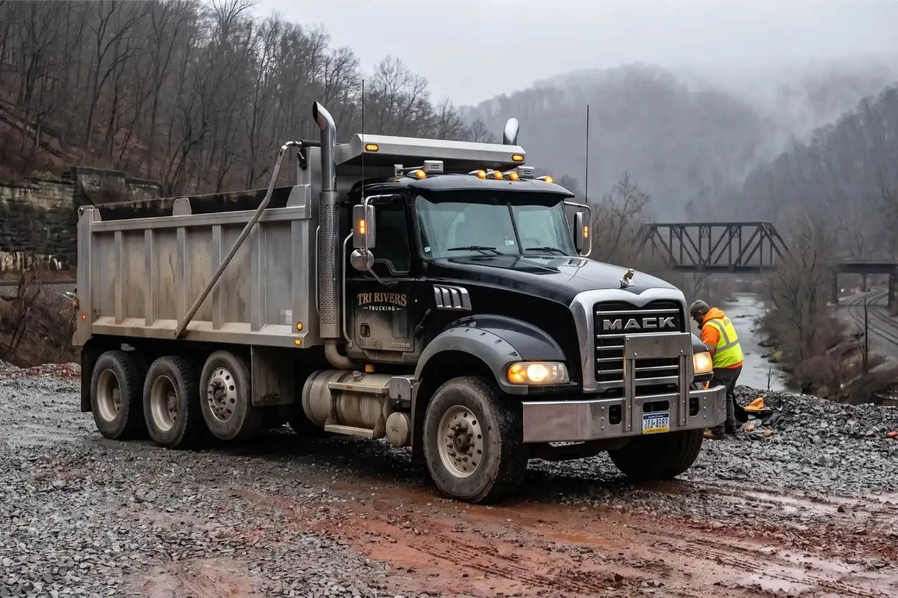 Tri-Rivers Trucking tri-axle dump truck on a gravel jobsite in Western PA