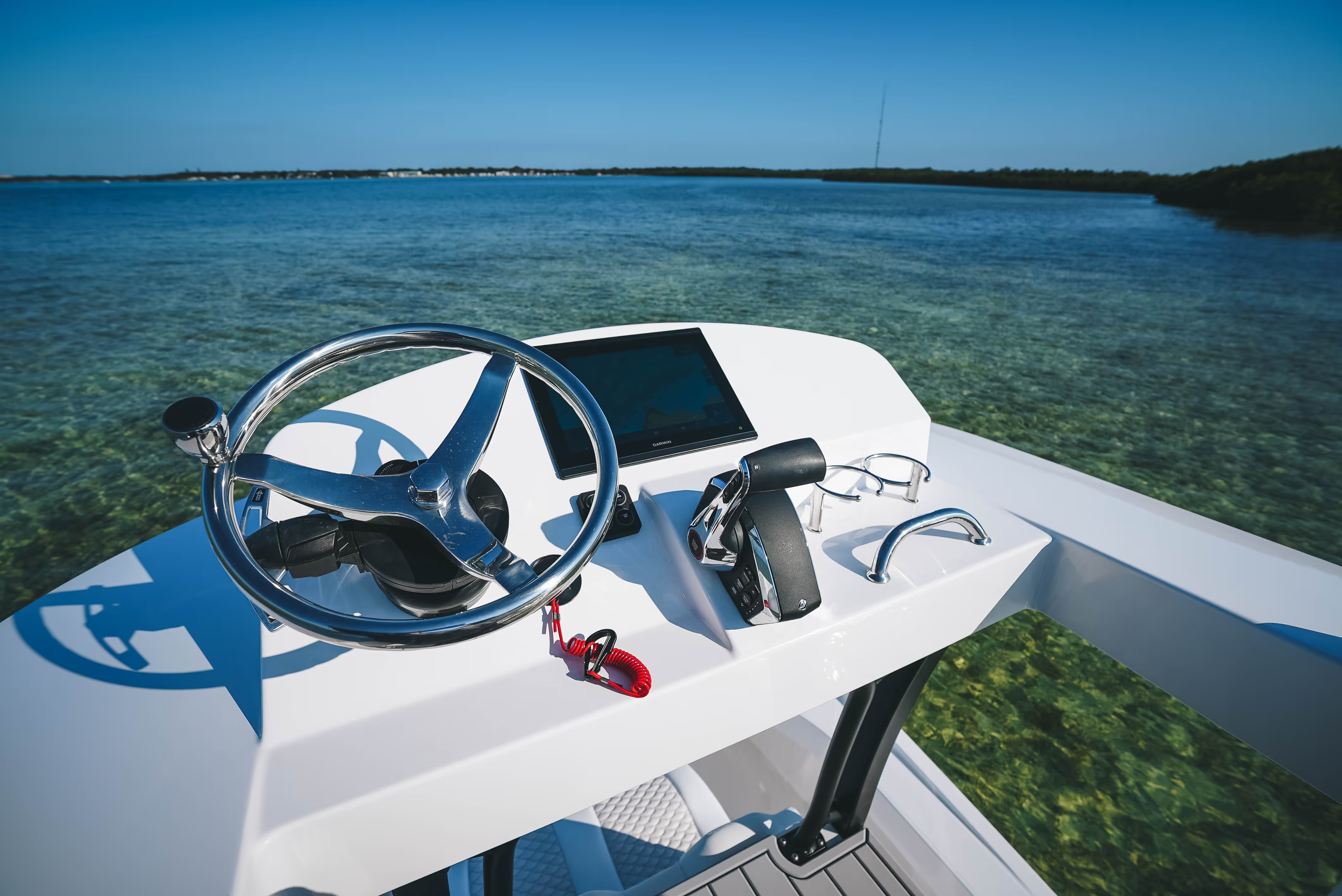 Helm and console of a Catch Boatworks build