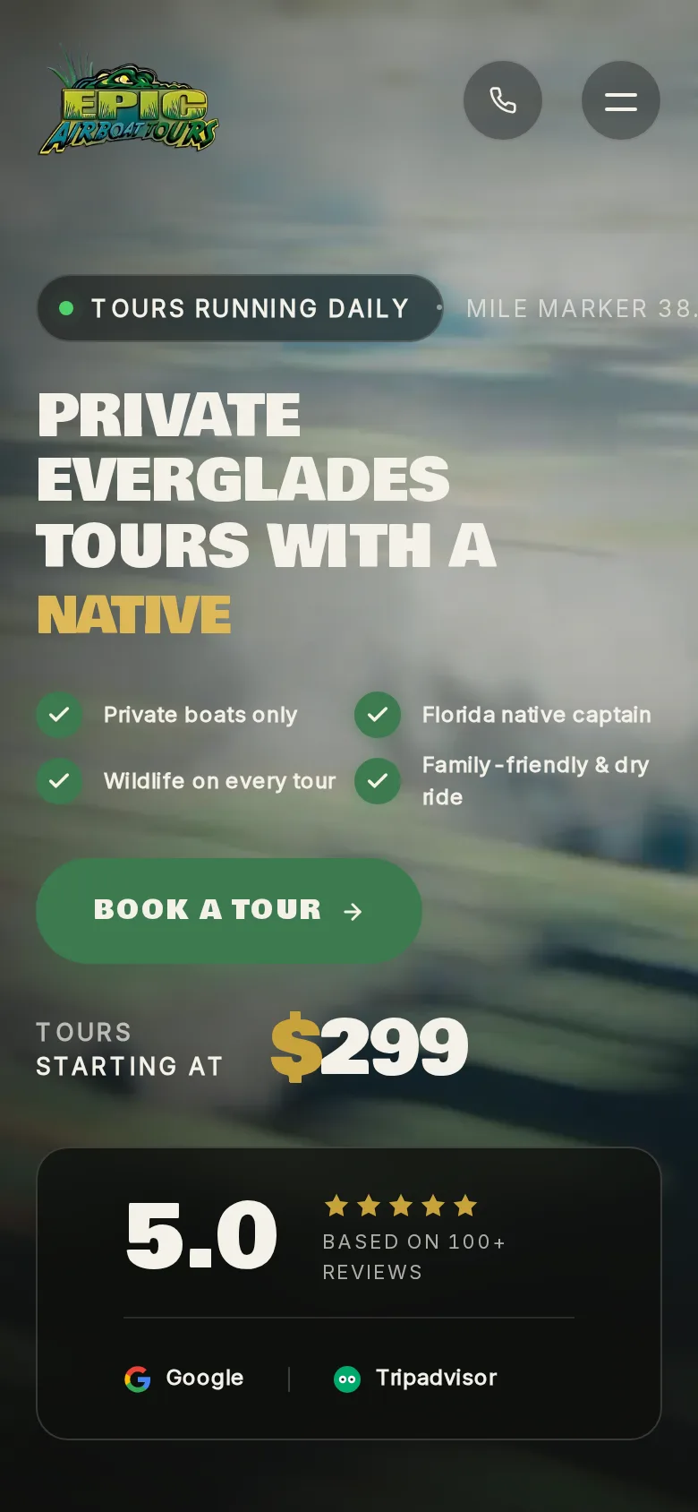 Epic Airboat Tours homepage on a phone
