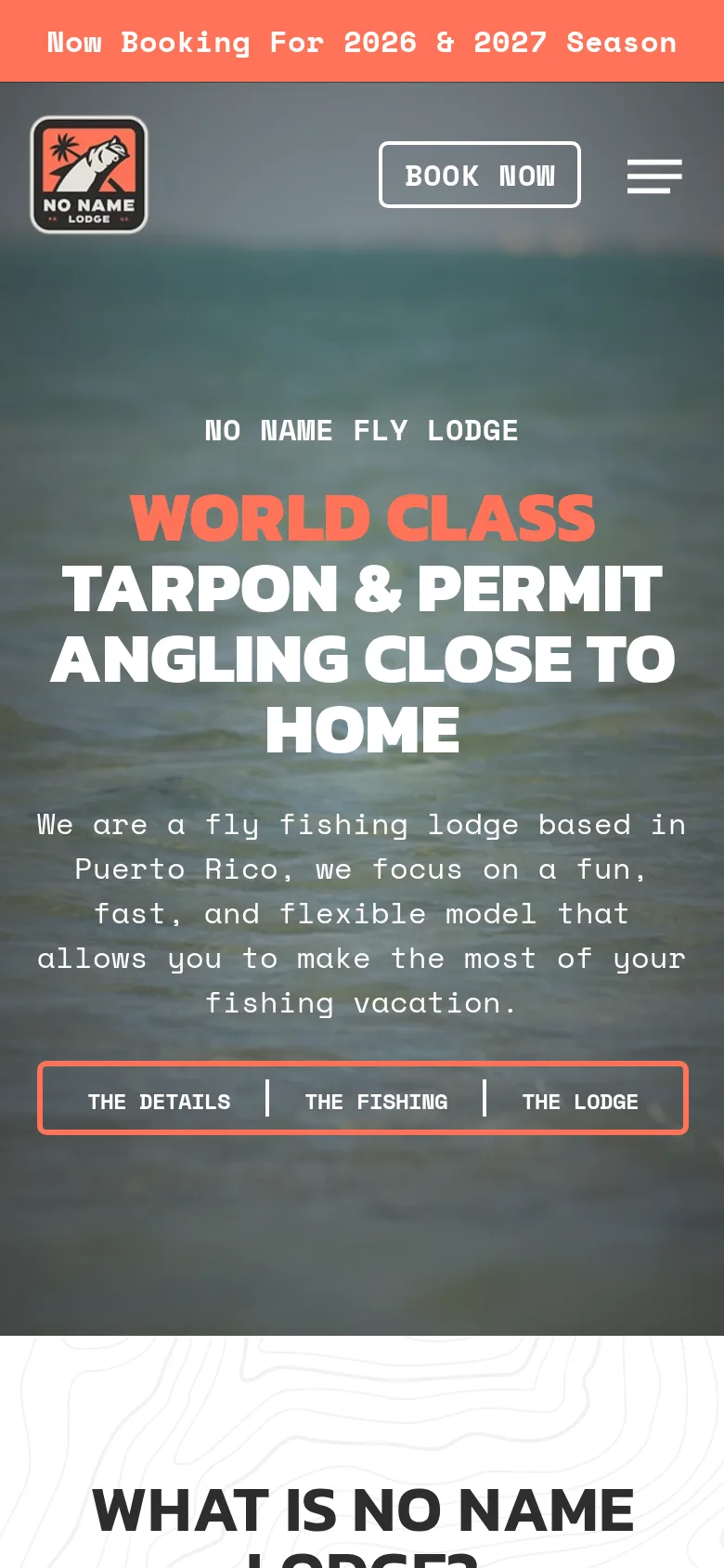 No Name Fly Lodge homepage on a phone