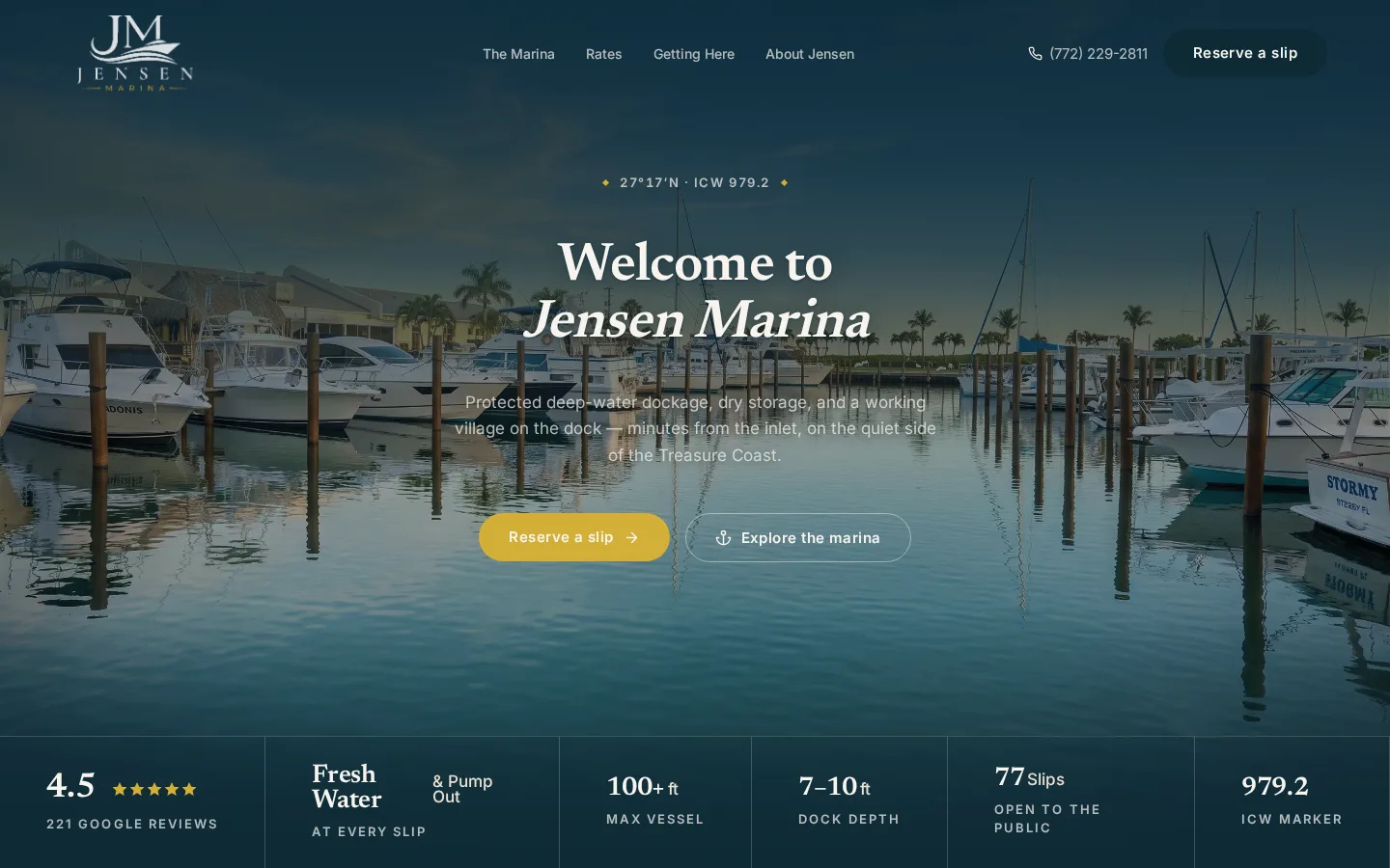 Jensen Marina homepage: the marina, live local conditions and the booking button above the fold.