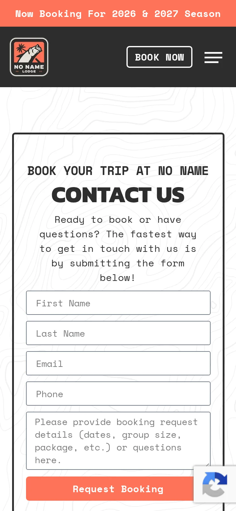 No Name Fly Lodge inquiry form on a phone: dates and group size first, because a lot of trip planning happens on a phone.