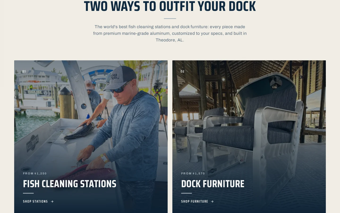 KillerDock homepage section, Two ways to outfit your dock, splitting the store into fish cleaning stations and dock furniture