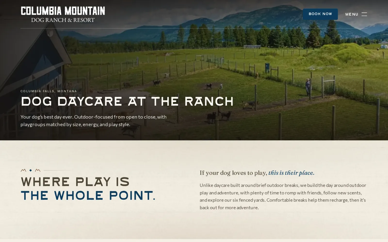 Columbia Mountain Dog Ranch daycare page hero, Dog Daycare at the Ranch, over outdoor yards and mountains