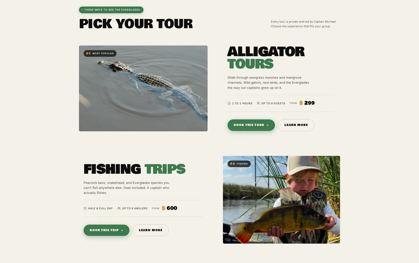 Epic Airboat Tours tour selection cards with group sizes and prices