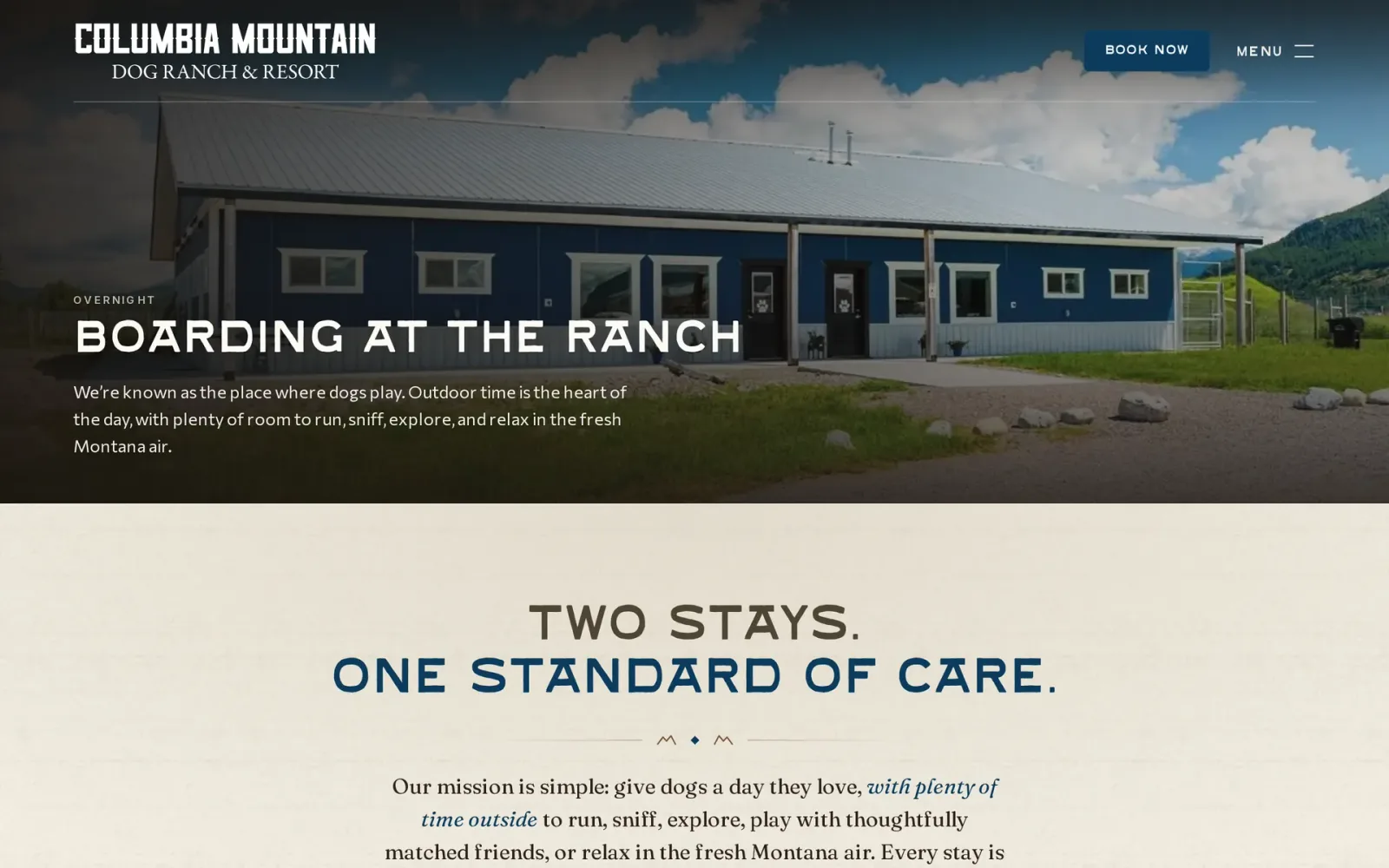 Columbia Mountain Dog Ranch boarding page hero, Boarding at the Ranch, with facility photography