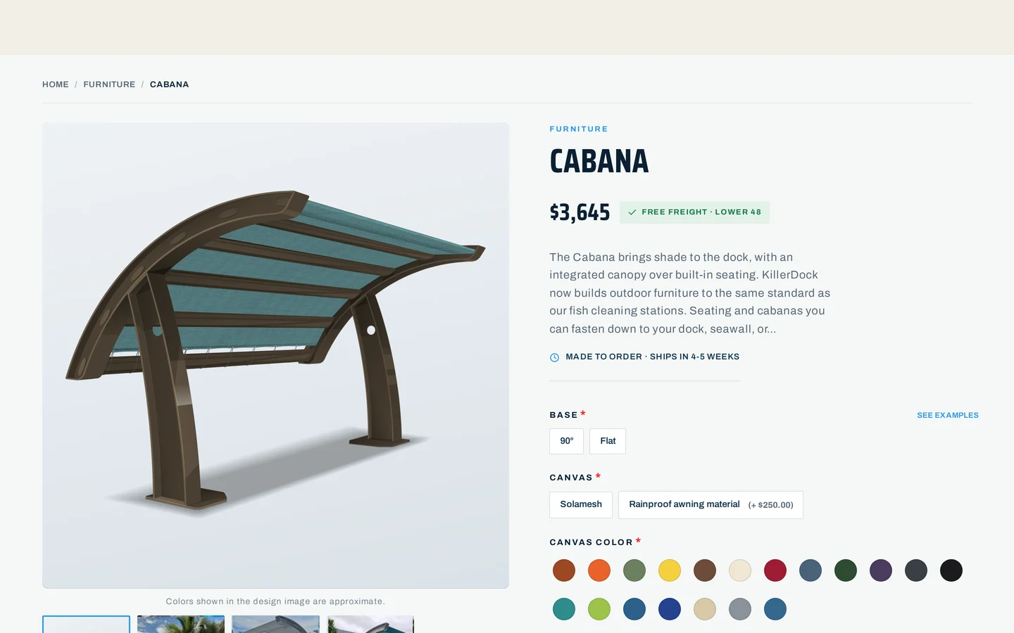 KillerDock Cabana product page with the canvas color configurator, base and canvas options, and price