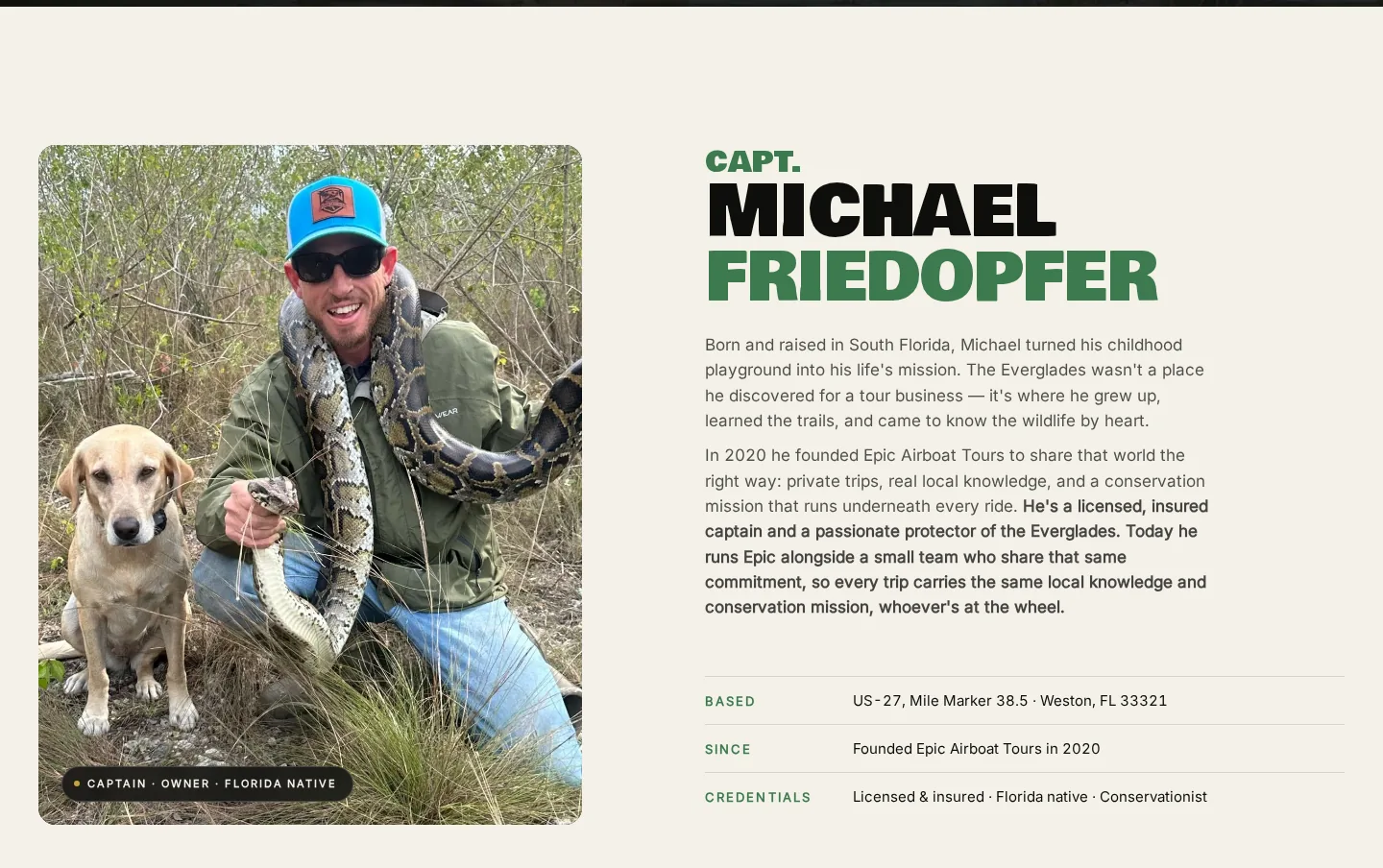 Captain Mike Friedopfer on the Epic Airboat Tours about page