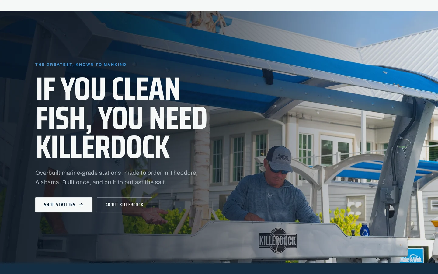 KillerDock full-bleed banner, If you clean fish, you need KillerDock, over a station in use on the dock