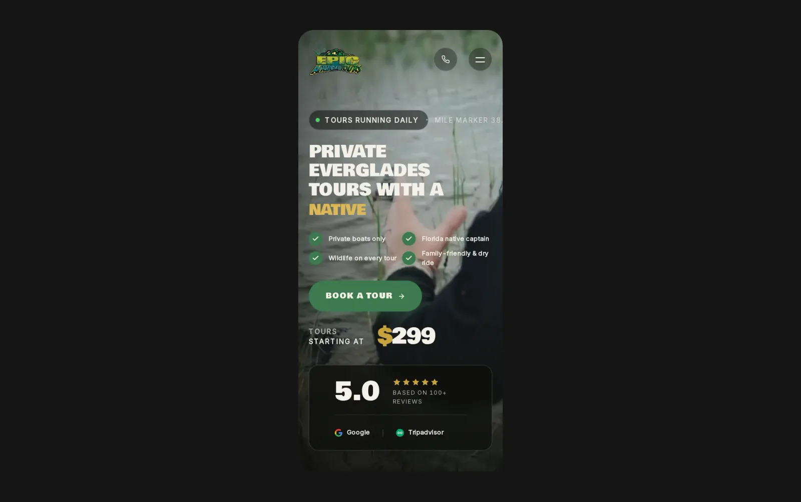 Epic Airboat Tours homepage on mobile