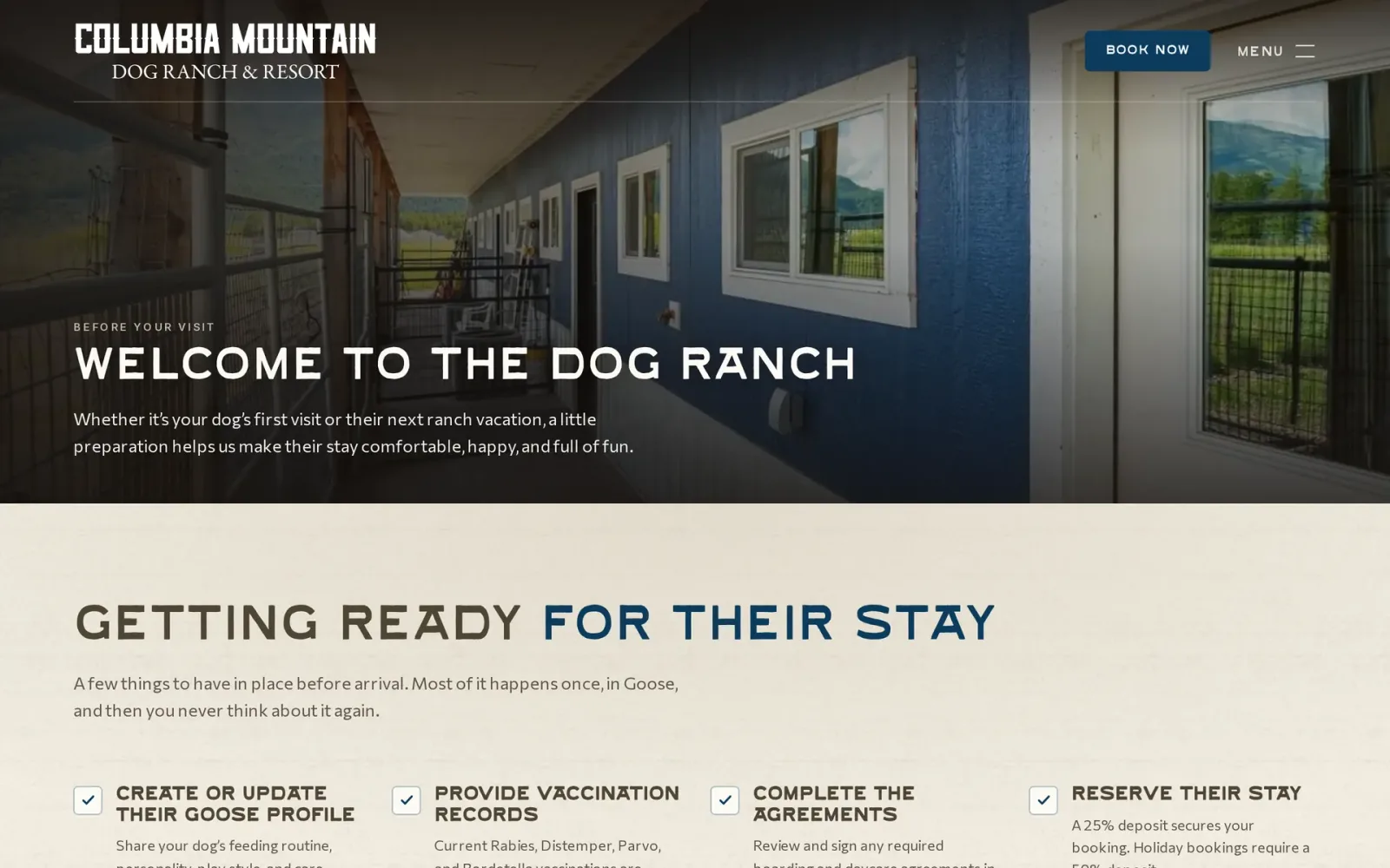 Columbia Mountain Dog Ranch Before Your Visit page, welcome and Goose booking prep