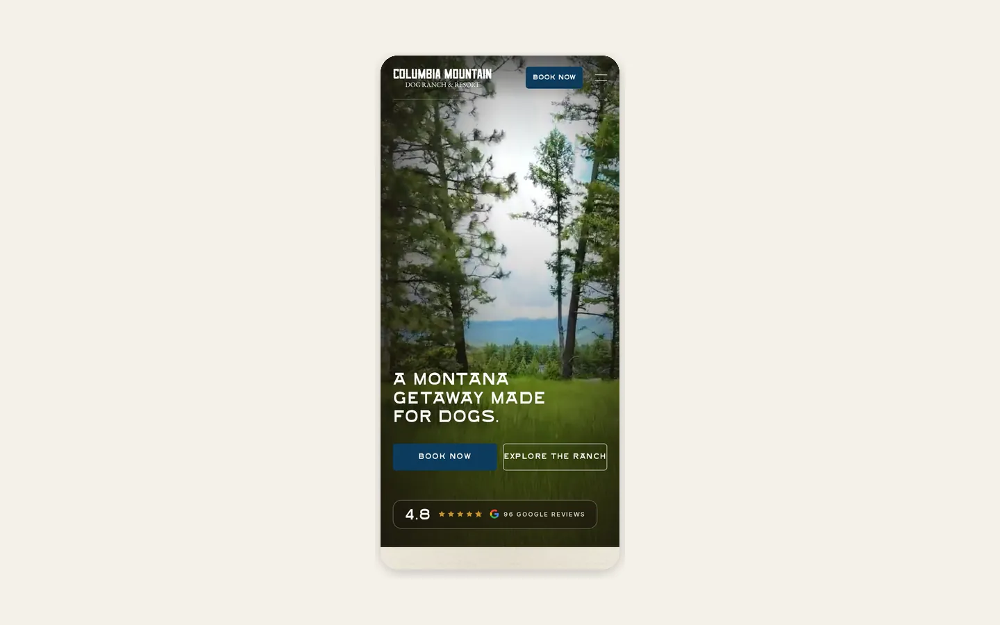 Columbia Mountain Dog Ranch new homepage on mobile, with Book Now and Explore the Ranch