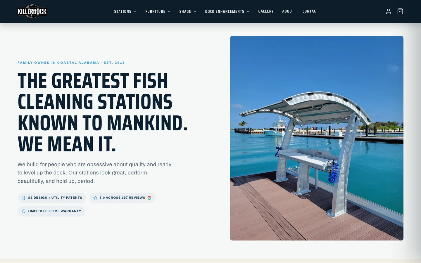 KillerDock About page hero, The greatest fish cleaning stations known to mankind, beside a station on a marina dock