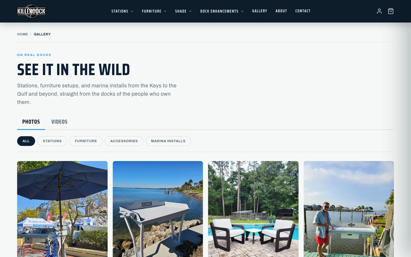 KillerDock gallery page, See it in the wild, with filter tabs and customer photos of stations and furniture on real docks