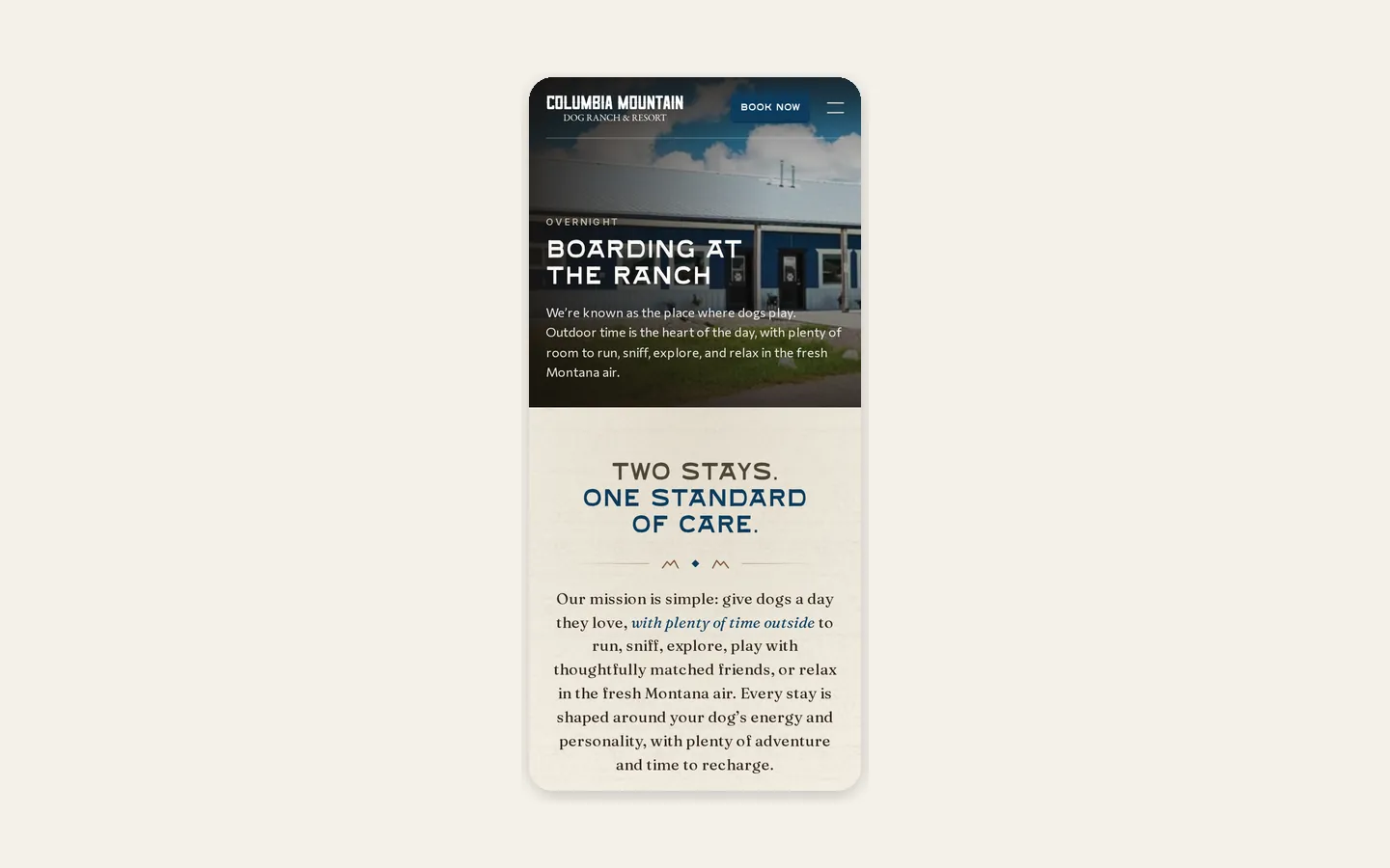 Columbia Mountain Dog Ranch boarding page on mobile, with stay options and rates