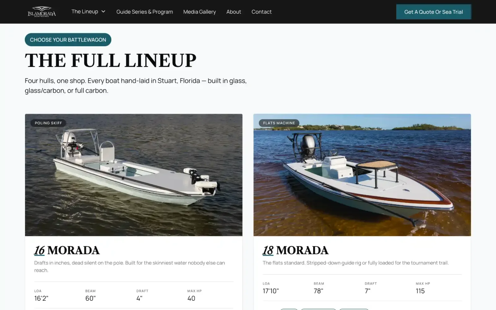 Islamorada Boatworks homepage lineup: four models side by side, from the poling skiff to the inshore offshore crossover, each with a short 'built for' line so buyers can self sort in seconds.