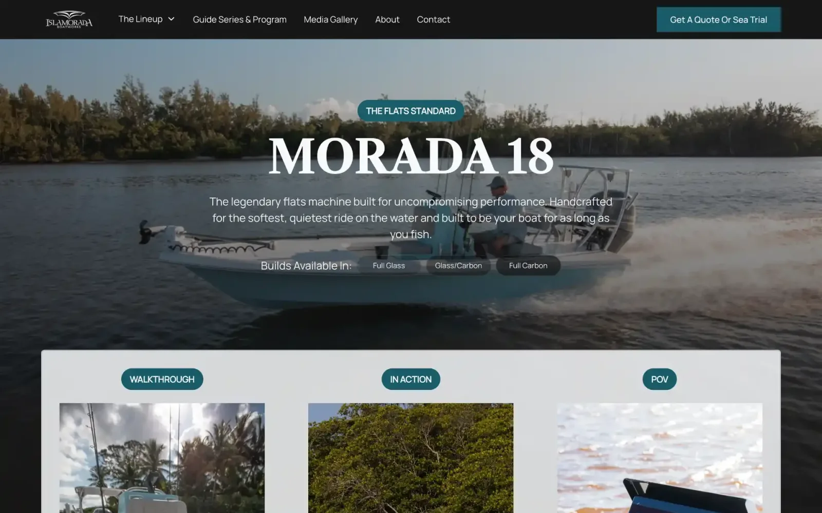 Islamorada Boatworks 18 model page hero: one boat, one job, with the model name and the next step visible before any scrolling.