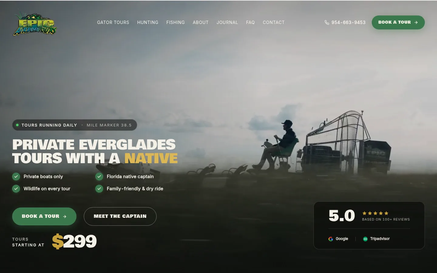 Epic Airboat Tours homepage hero: an airboat running the Everglades with the booking button above the fold.
