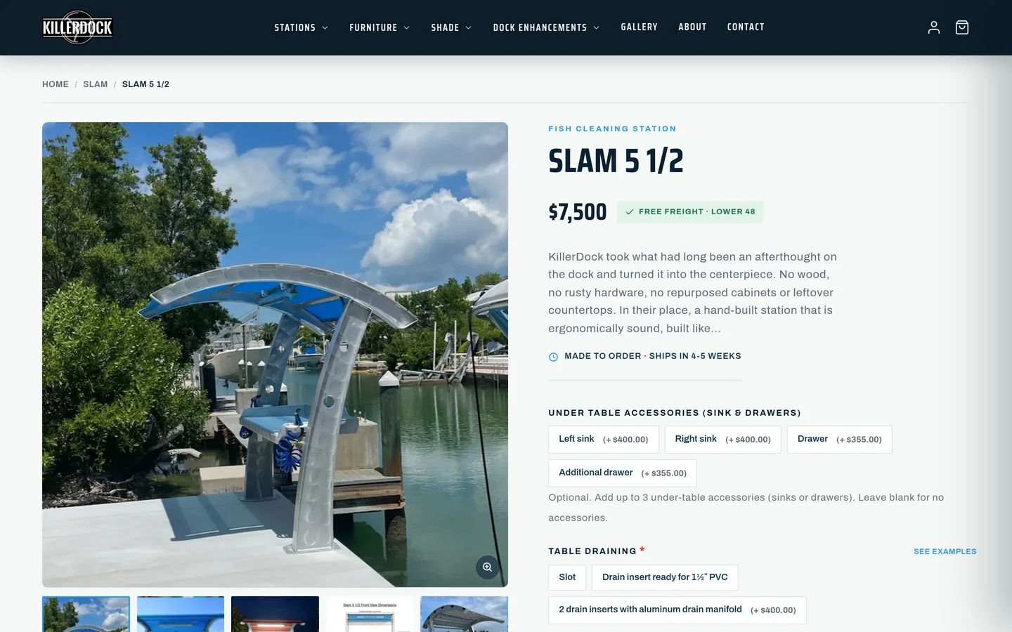 KillerDock SLAM station product page: options, specs and real photos above the add to cart button.