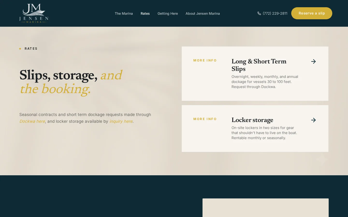 Jensen Marina rates page: slips and storage priced plainly before anyone has to call.