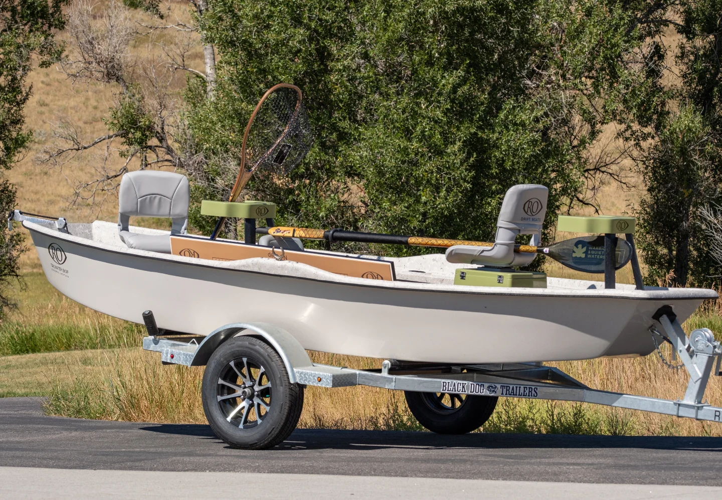 RO Tailwater skiff on its trailer