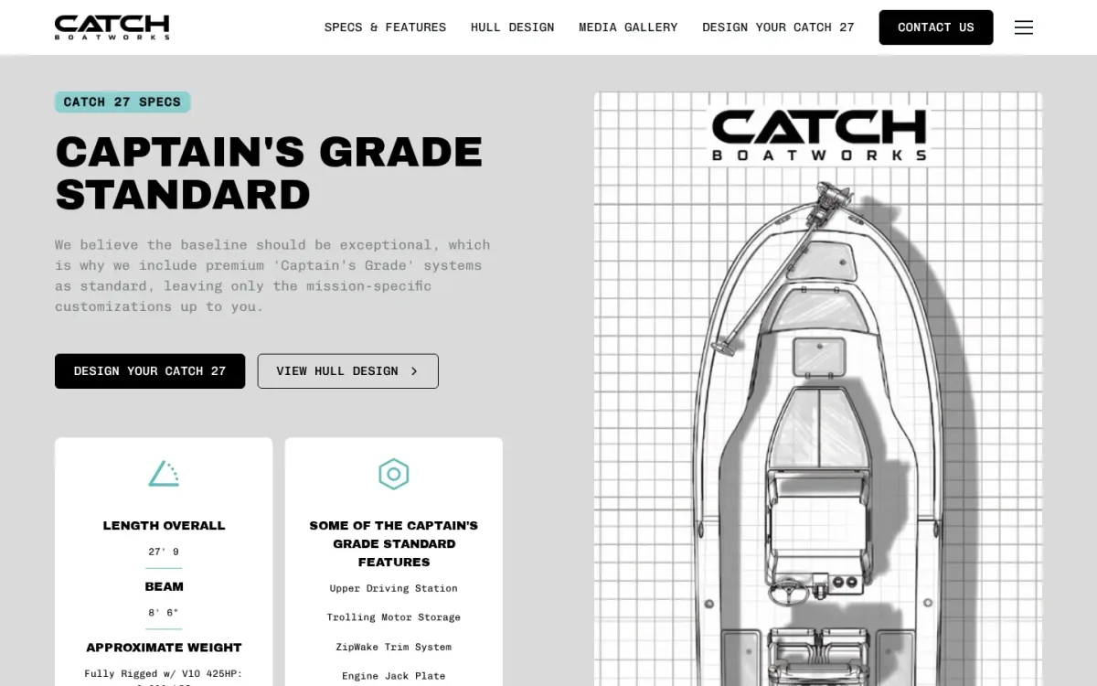 Catch 27 standard features page: every included feature listed plainly so buyers know what the base boat gets before they ask.