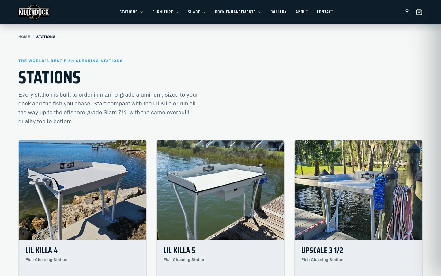 KillerDock Shopify collection page: stations organized so customers find the right one fast.