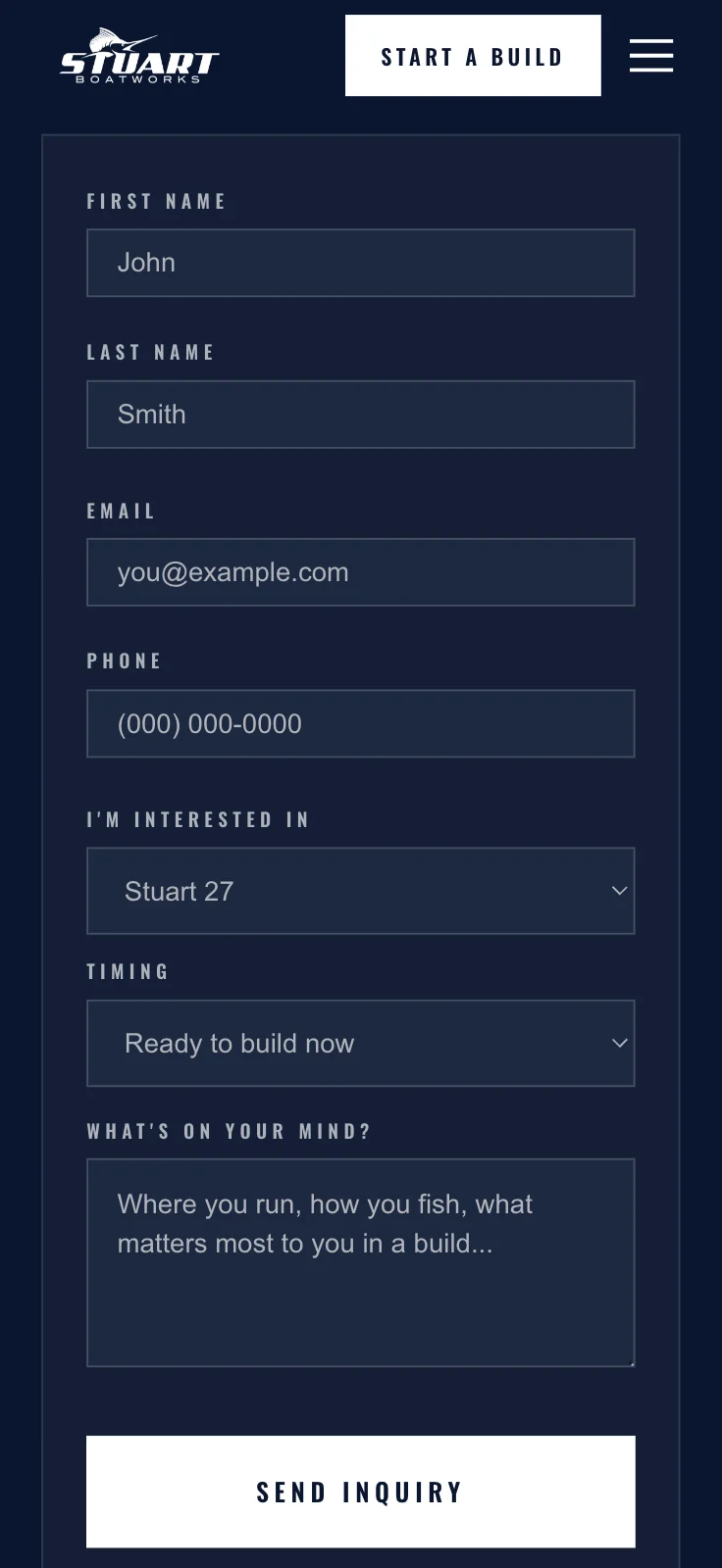 Stuart Boatworks inquiry form on a phone, a site we built