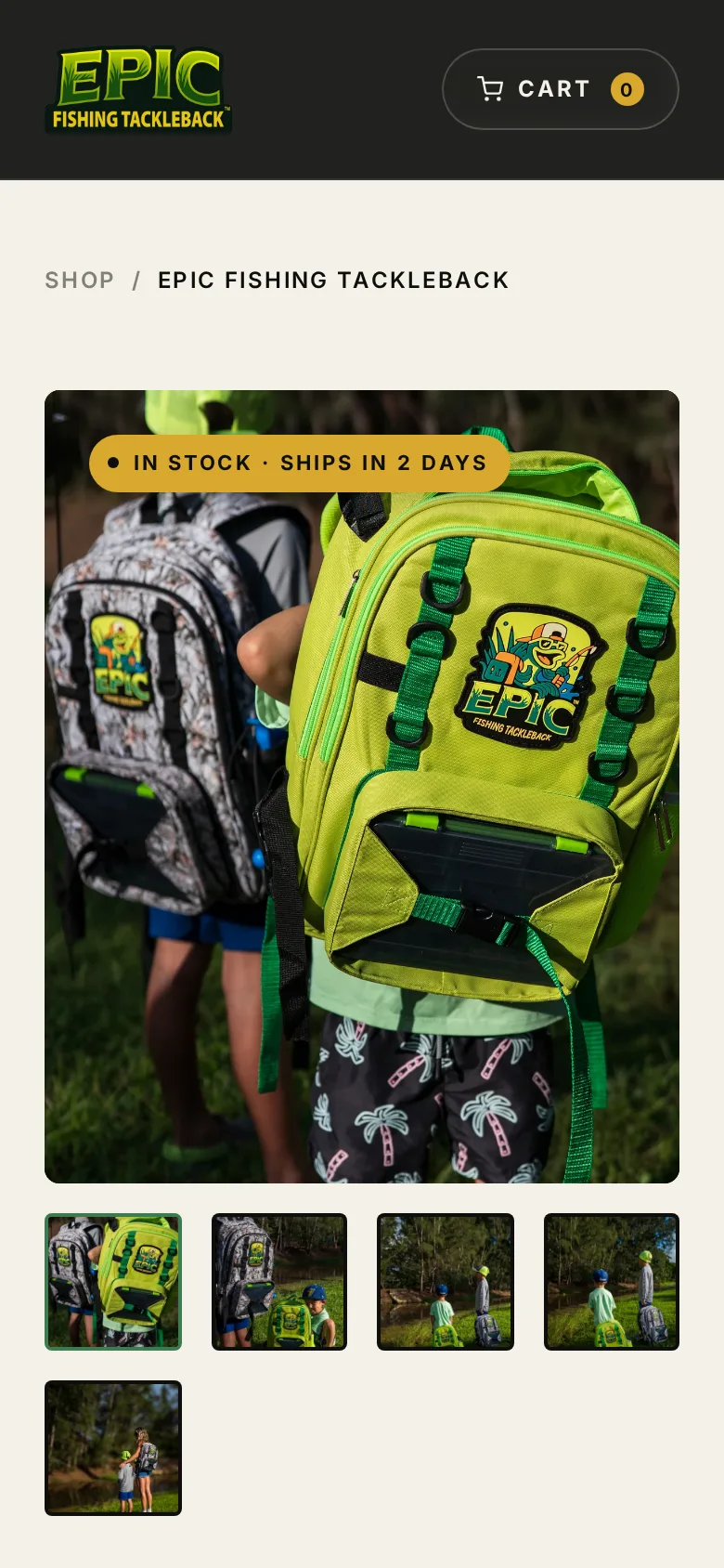 Epic Fishing Shopify store on a phone: browse and buy one handed.