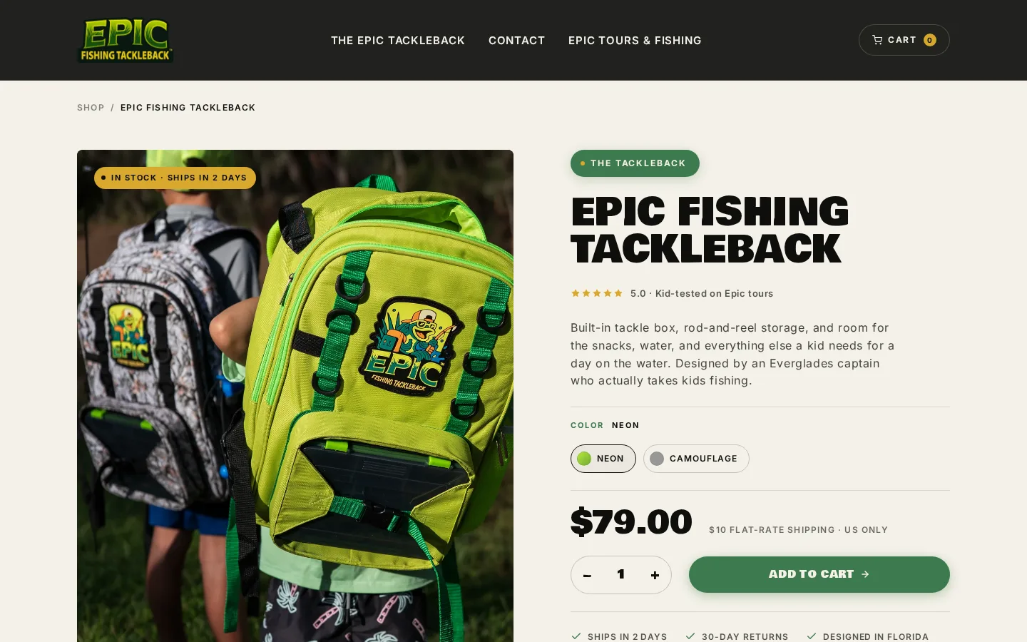 Epic Fishing Tackleback product page: the story, the features and the buy button on one page.