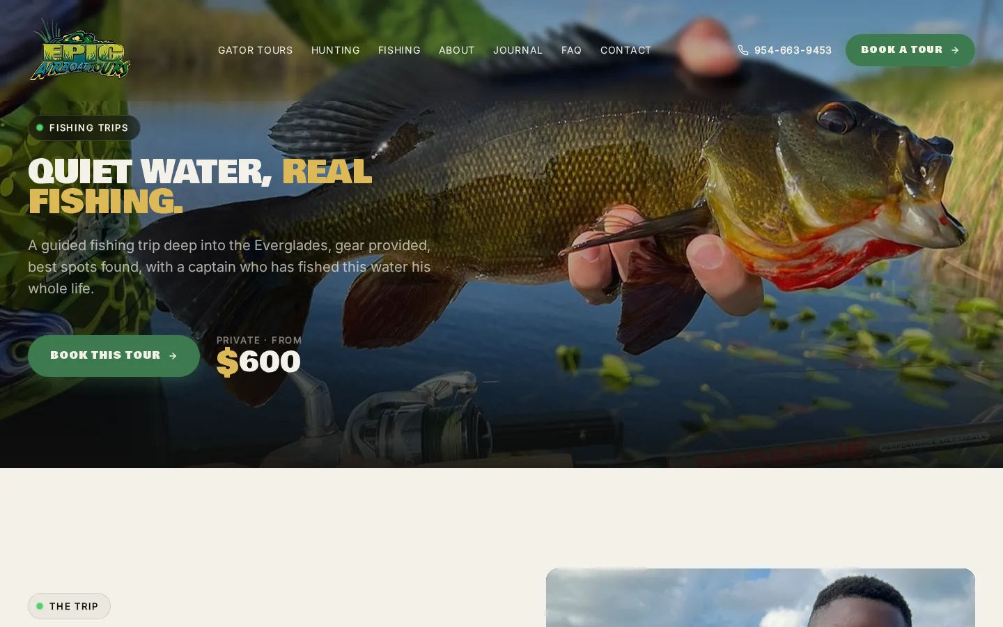 Epic Airboat Tours fishing trips page: the trip, what is included, and how to book, on one page.