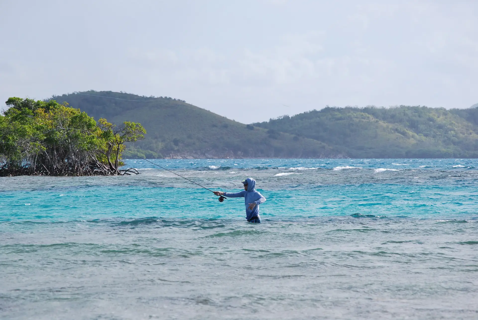 Angler wading and fly casting on clear saltwater flats near a mangrove island
